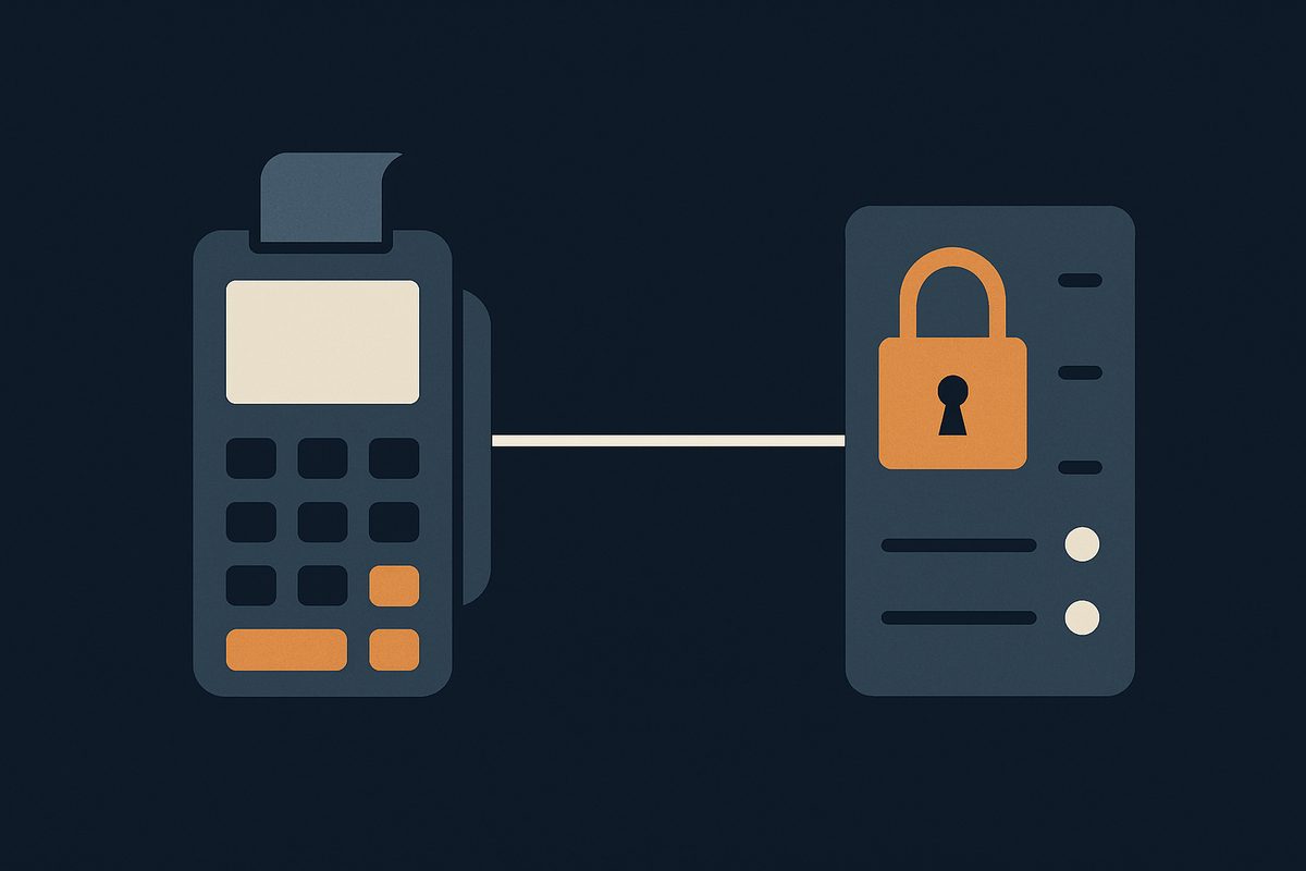 A point of sale terminal linked to a secure server, representing system integration