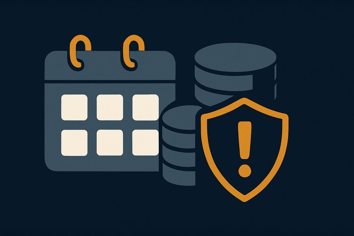 A calendar beside stacked coins and a warning shield, representing deadlines and penalties