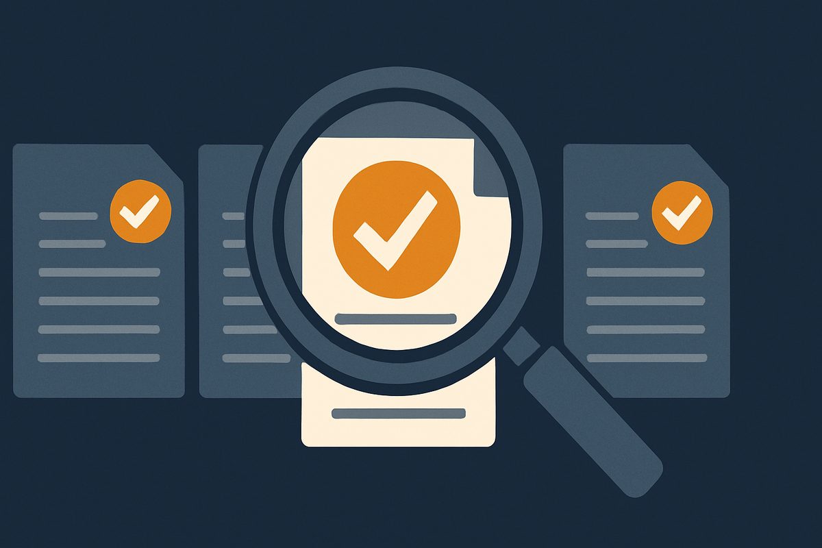 A magnifying glass over documents with a compliance badge, representing enforcement