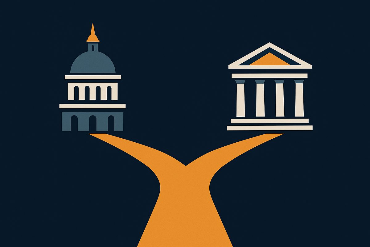 A path forking toward two different government buildings, representing a choice of authority