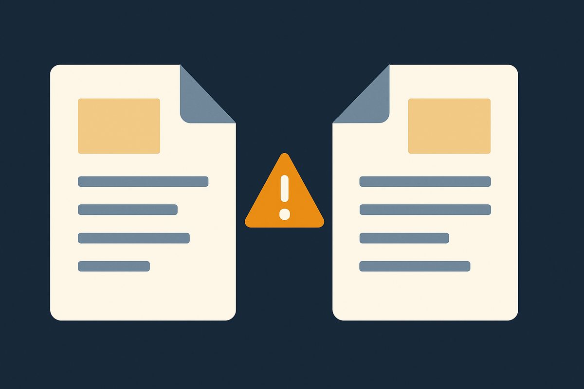Two similar documents facing each other with a mismatch symbol between them