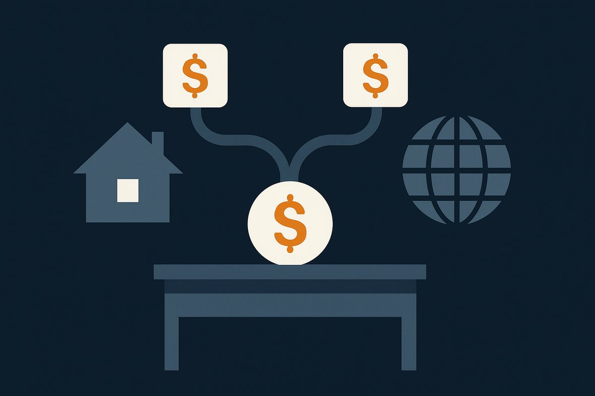 A desk with two separate payment routes leaving it, one to a domestic building and one across a globe