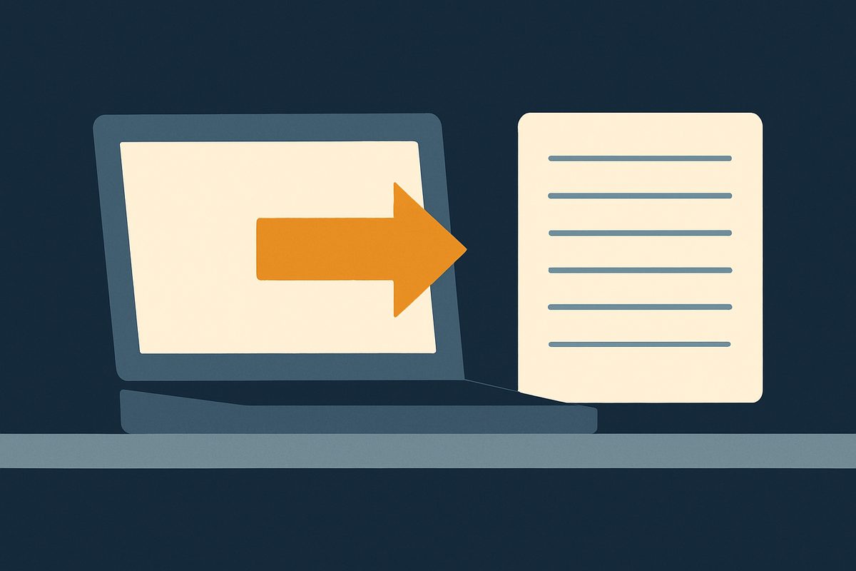 A laptop on a desk with an incoming payment arrow and a blank ruled document beside it