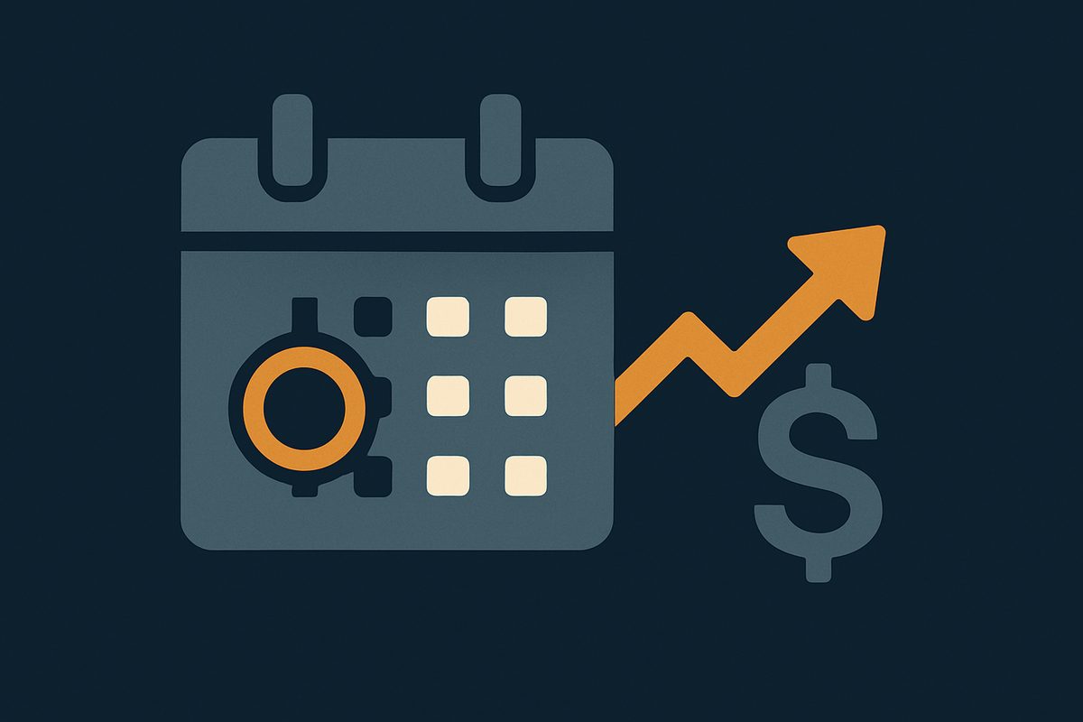 A calendar with a circled date beside a rising cost indicator