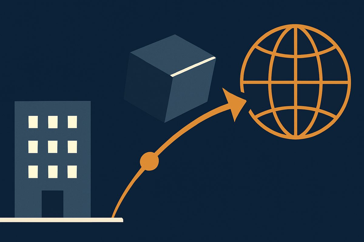A software package leaving a building and travelling along an arc toward a globe