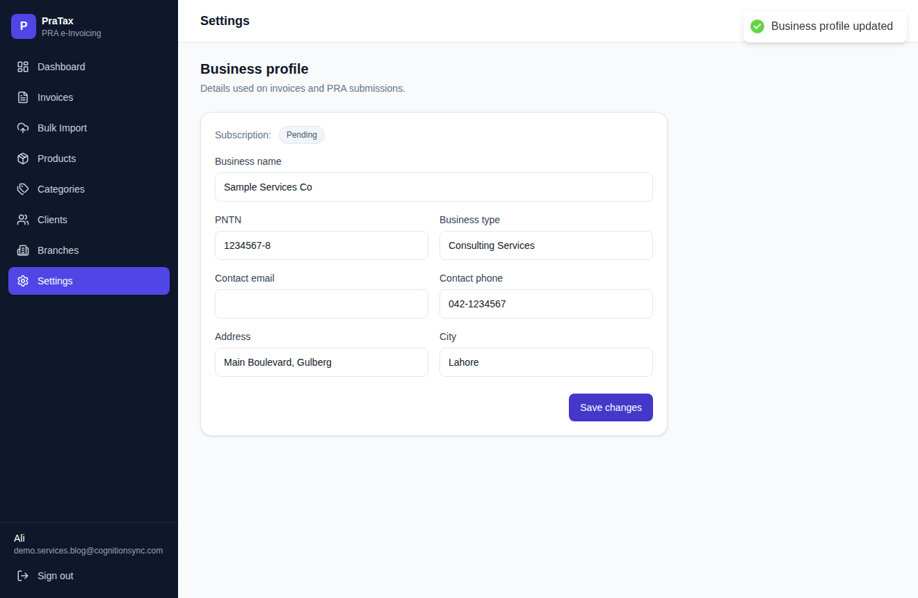 PraTax business profile screen with business name, PNTN, address and contact details filled in