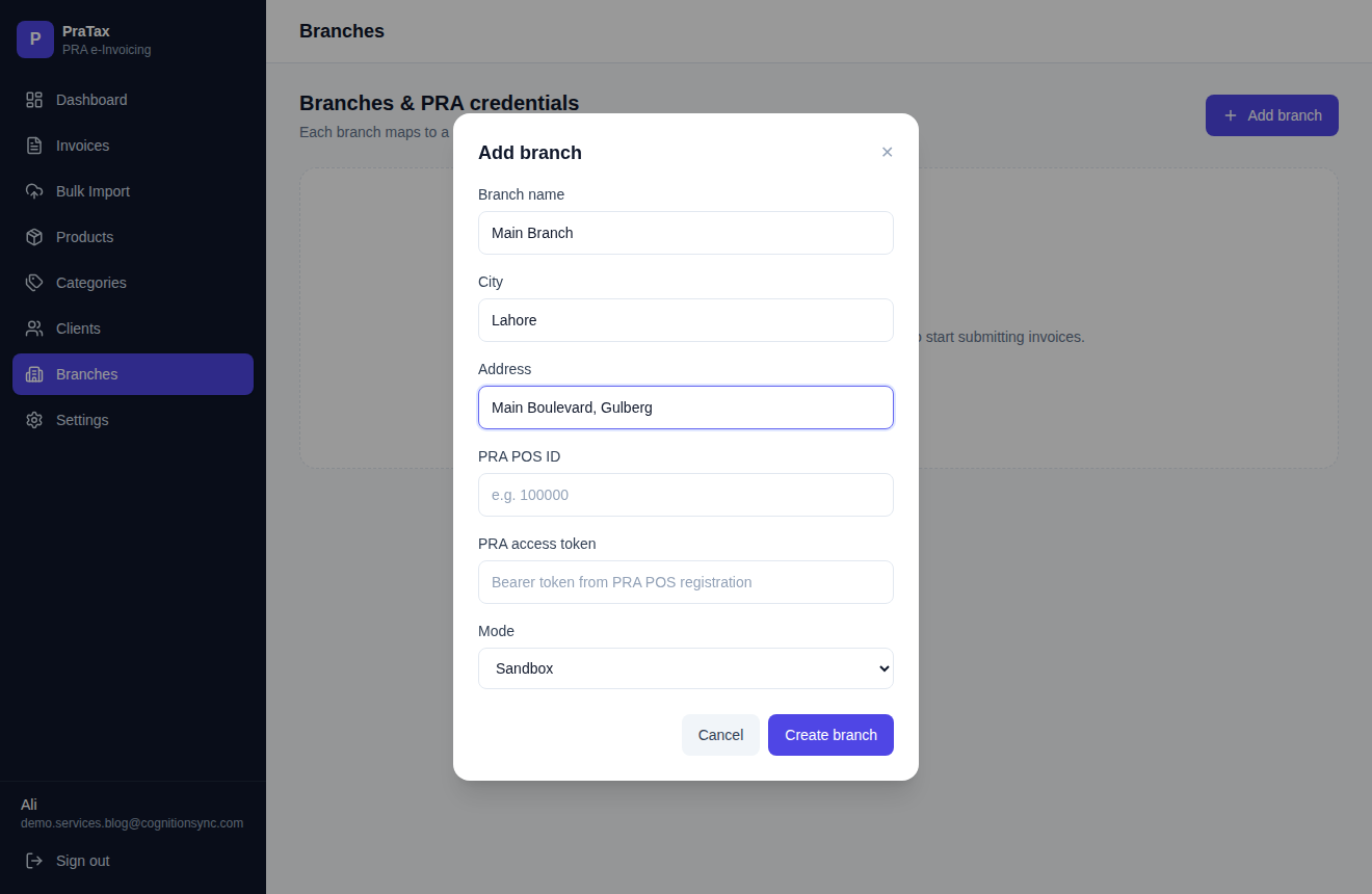 Add branch form showing PRA POS ID, PRA access token fields and a Sandbox or Production mode dropdown