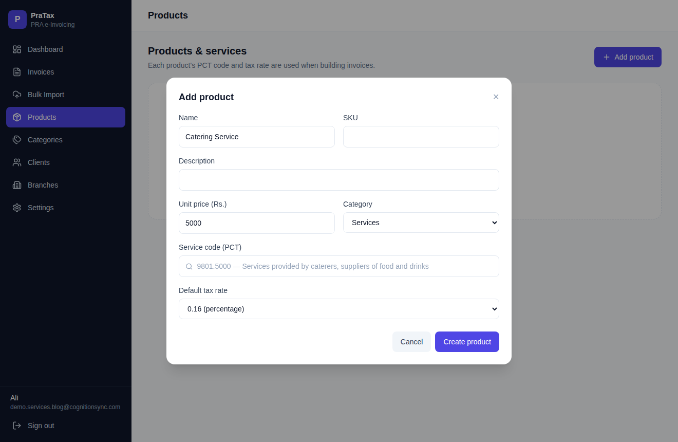 Add product form with a PCT code searched by description, showing the caterers service code result, category and tax rate