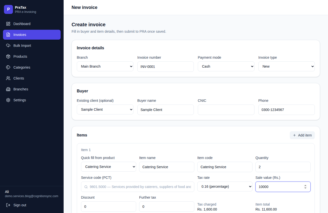 Invoice creation screen with a service quick-filled from a product, quantity, PCT code, tax rate and sale value calculating tax charged automatically