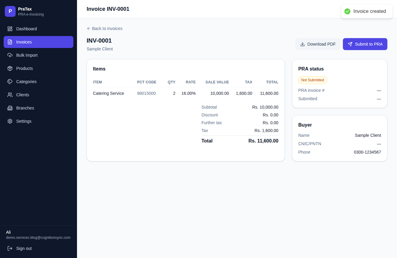 Completed invoice screen showing item totals, tax, grand total, and a PRA status panel with a Submit to PRA button