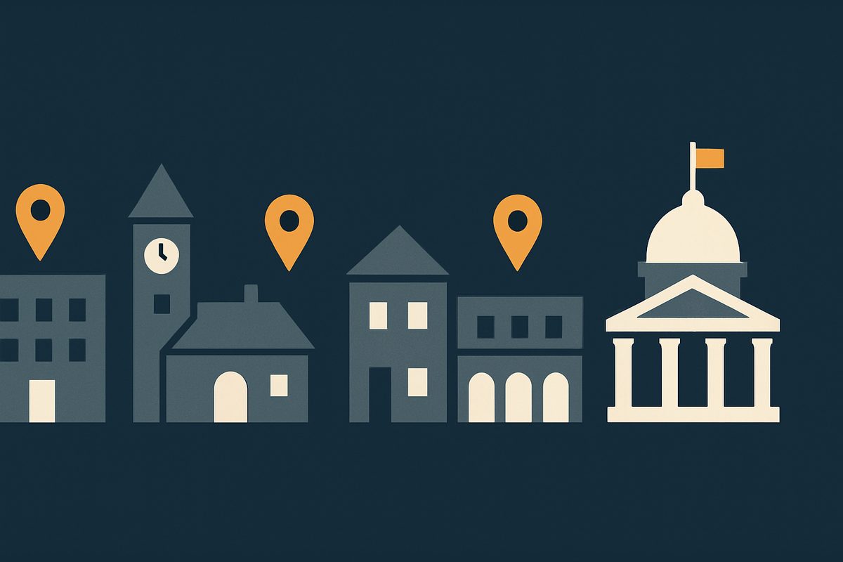 Four provincial building silhouettes each with its own marker, beside one federal building set apart