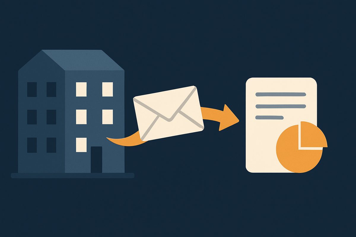 A residential building with rent flowing toward a tax document, and a deduction shown as a wedge