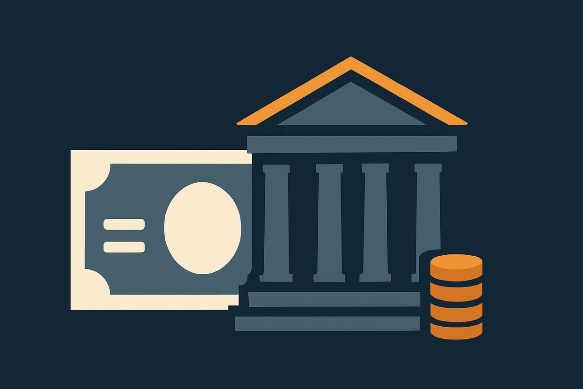 A central bank building beside a blank generic banknote and a small stack of coins