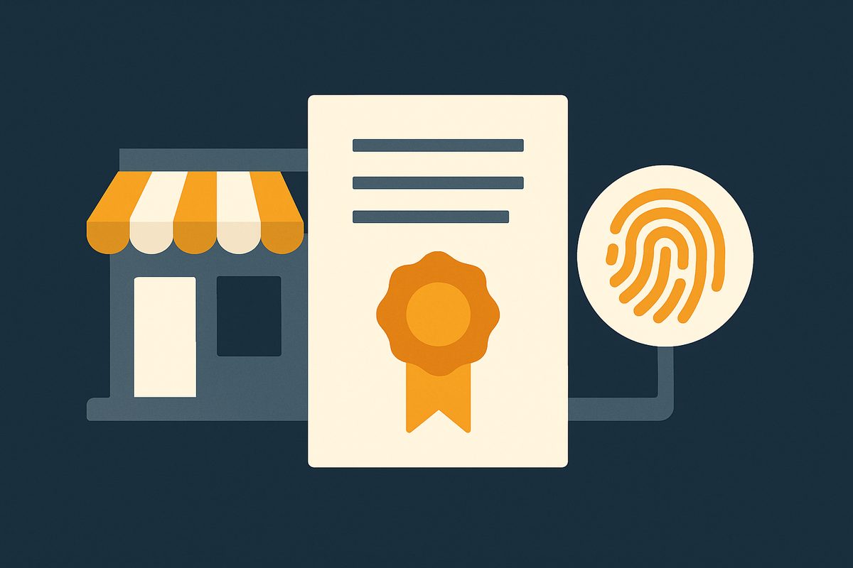 A shopfront connected to a registration certificate with a seal, beside a fingerprint mark