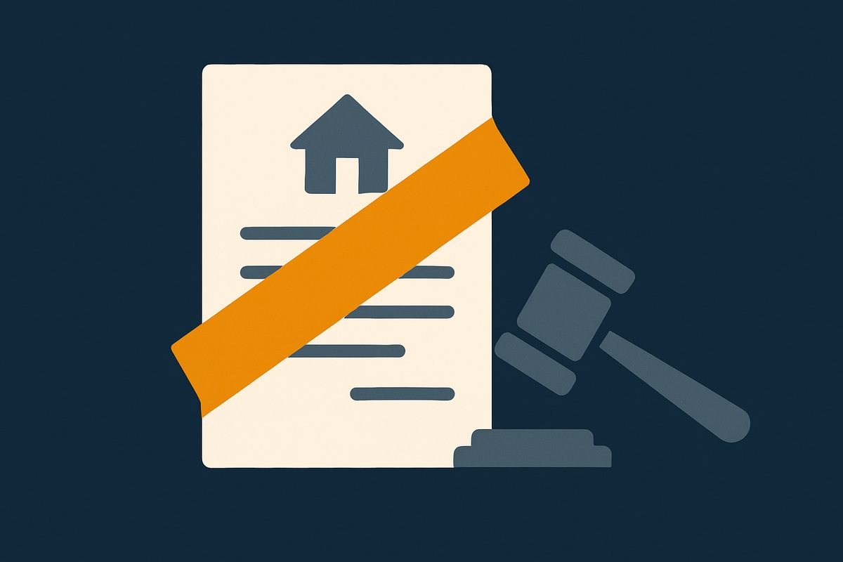 A property deed with a heavy cancellation bar struck across it, beside a gavel