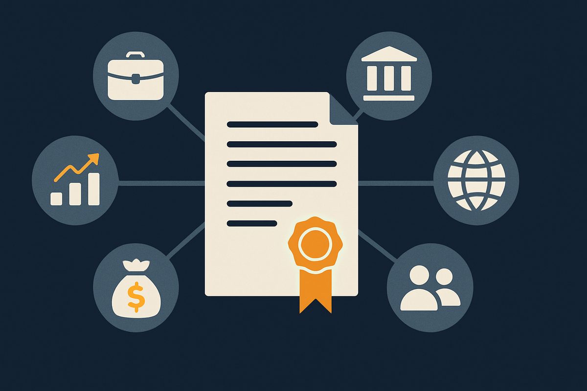 An official gazette document with a seal connected to networked business icons