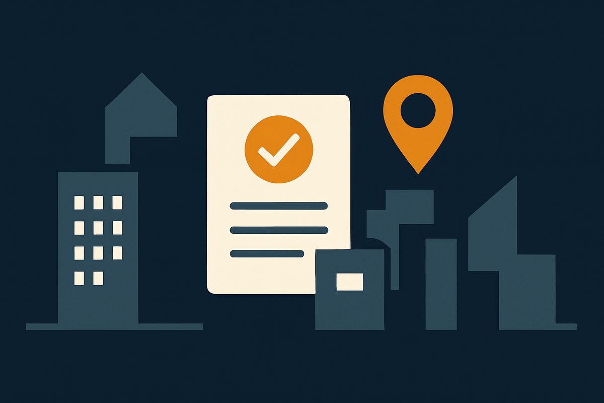 A city skyline with a compliance document and a location pin