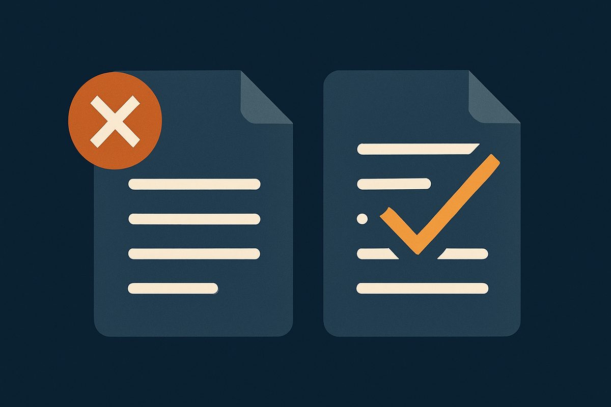A rejected document beside a corrected one, representing invoice rejection and fixing