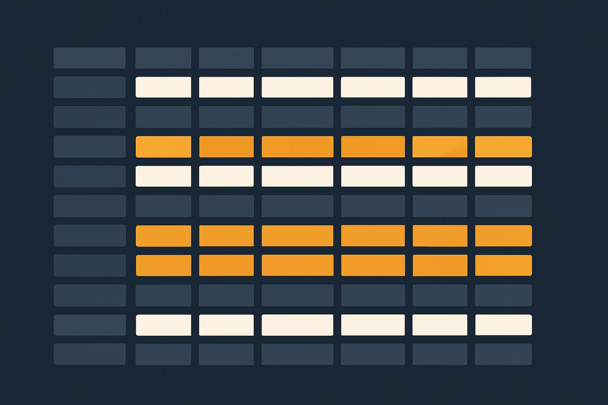 A wide reference grid of cells with several highlighted rows, like a rate map